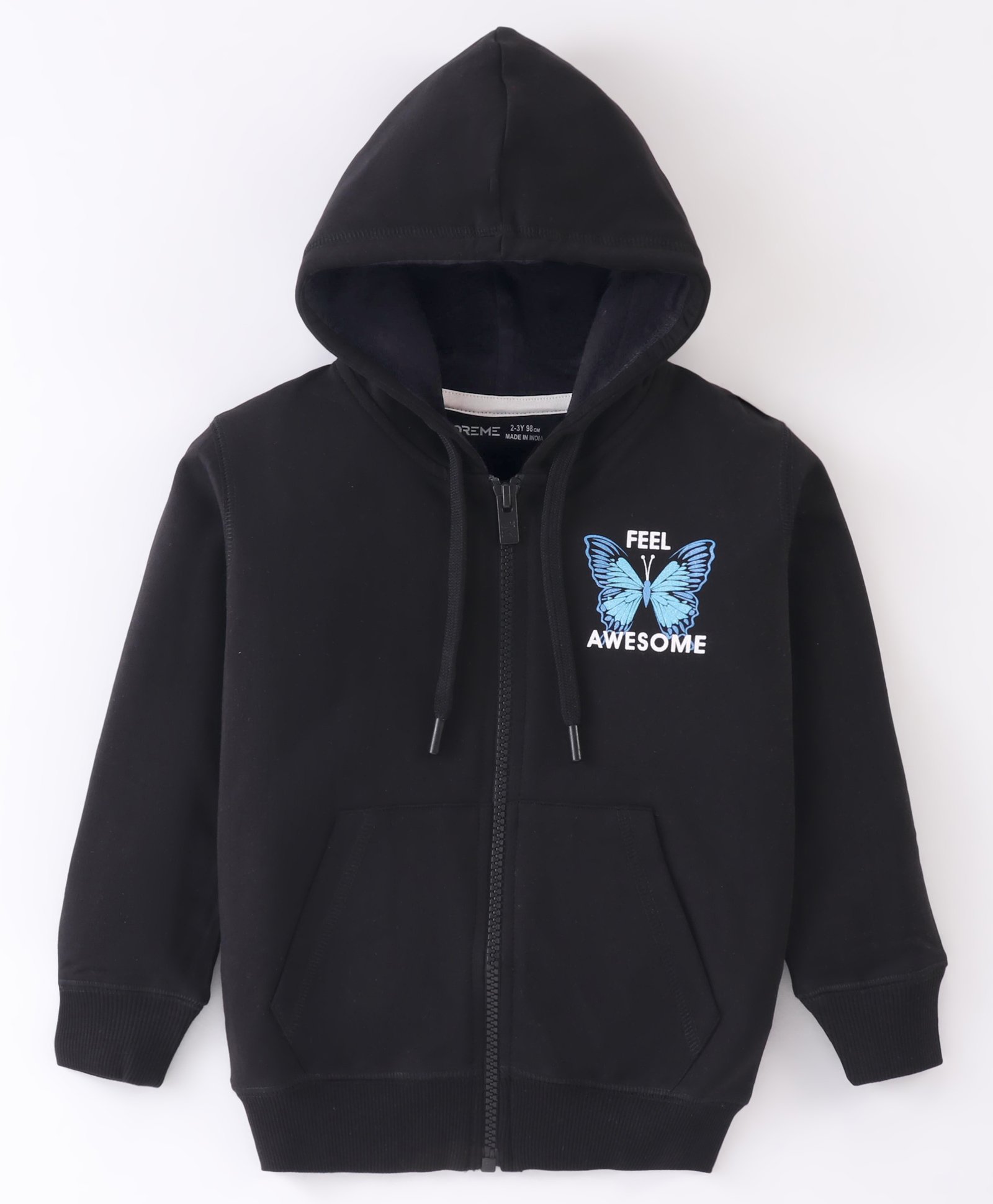 Doreme Terry Full Sleeves Hoodie with Kangaroo Pockets Butterfly Print - Black-image-31