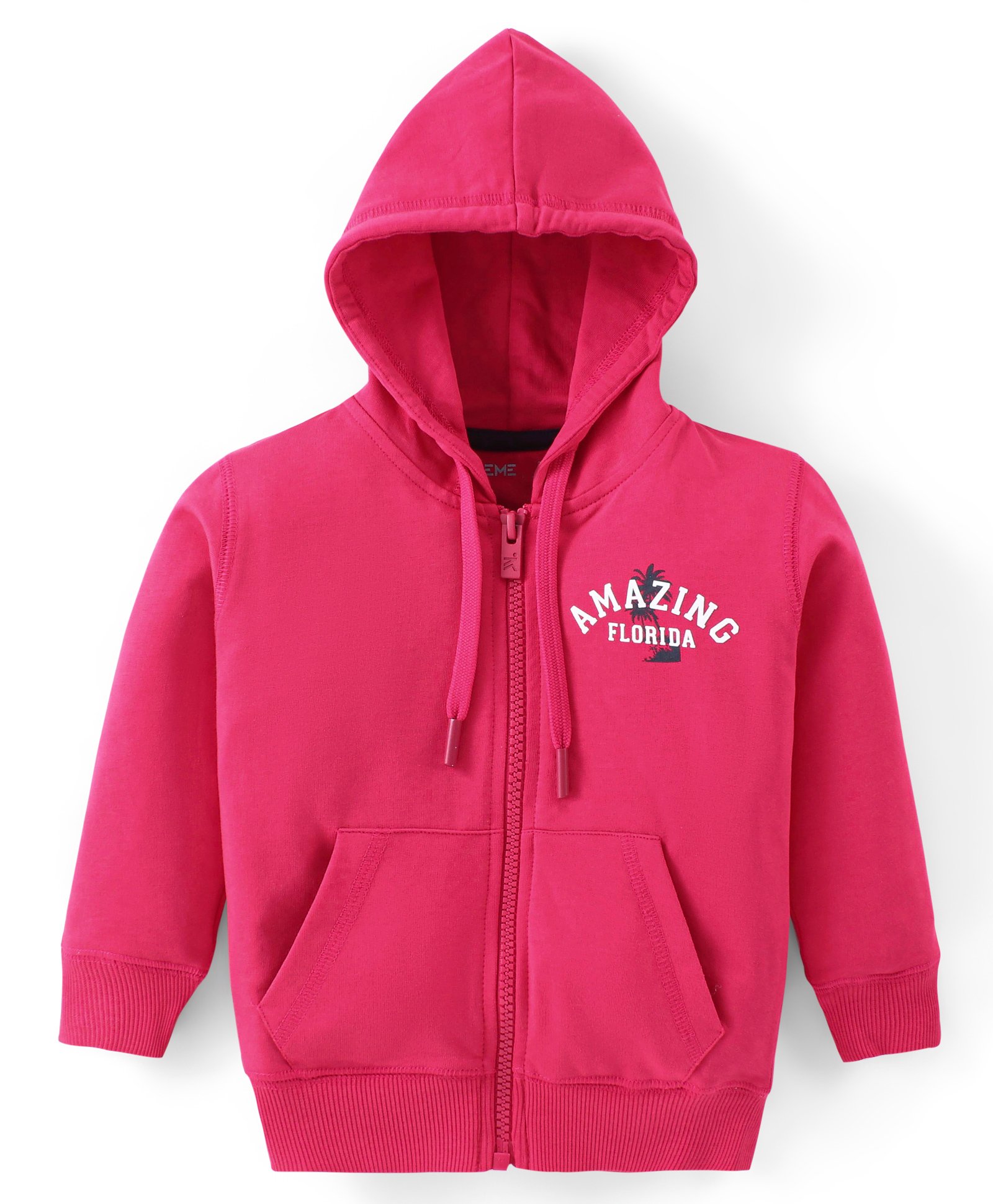 Doreme Terry Knit Full Sleeves Hooded Sweat Jacket Text Print & Kangaroo Pockets - Punch Pink-picture-28