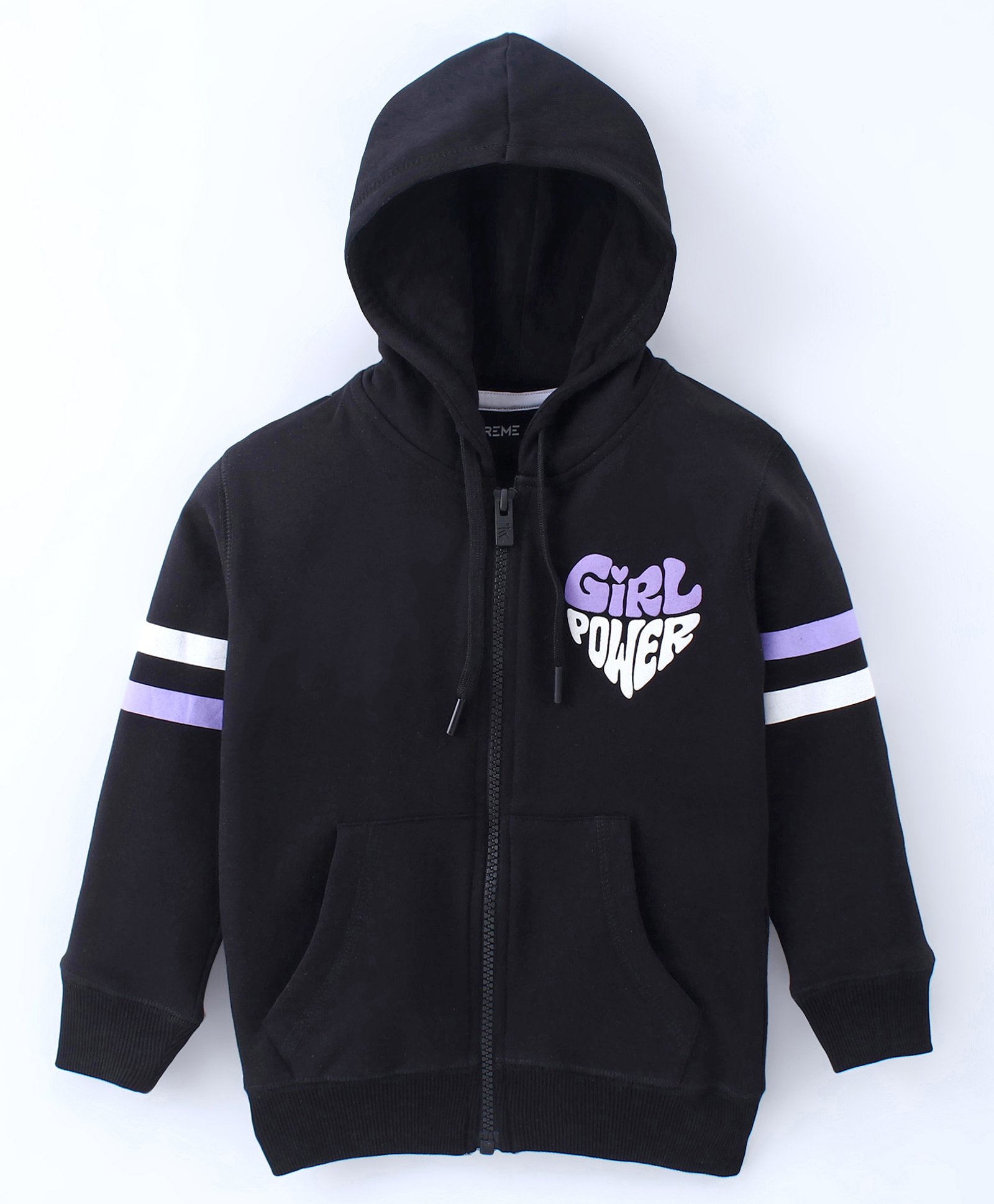 Doreme Terry Knit Full Sleeves Front Open Hooded Sweat Jacket With Text Print & Kangaroo Pockets - Black-image-13