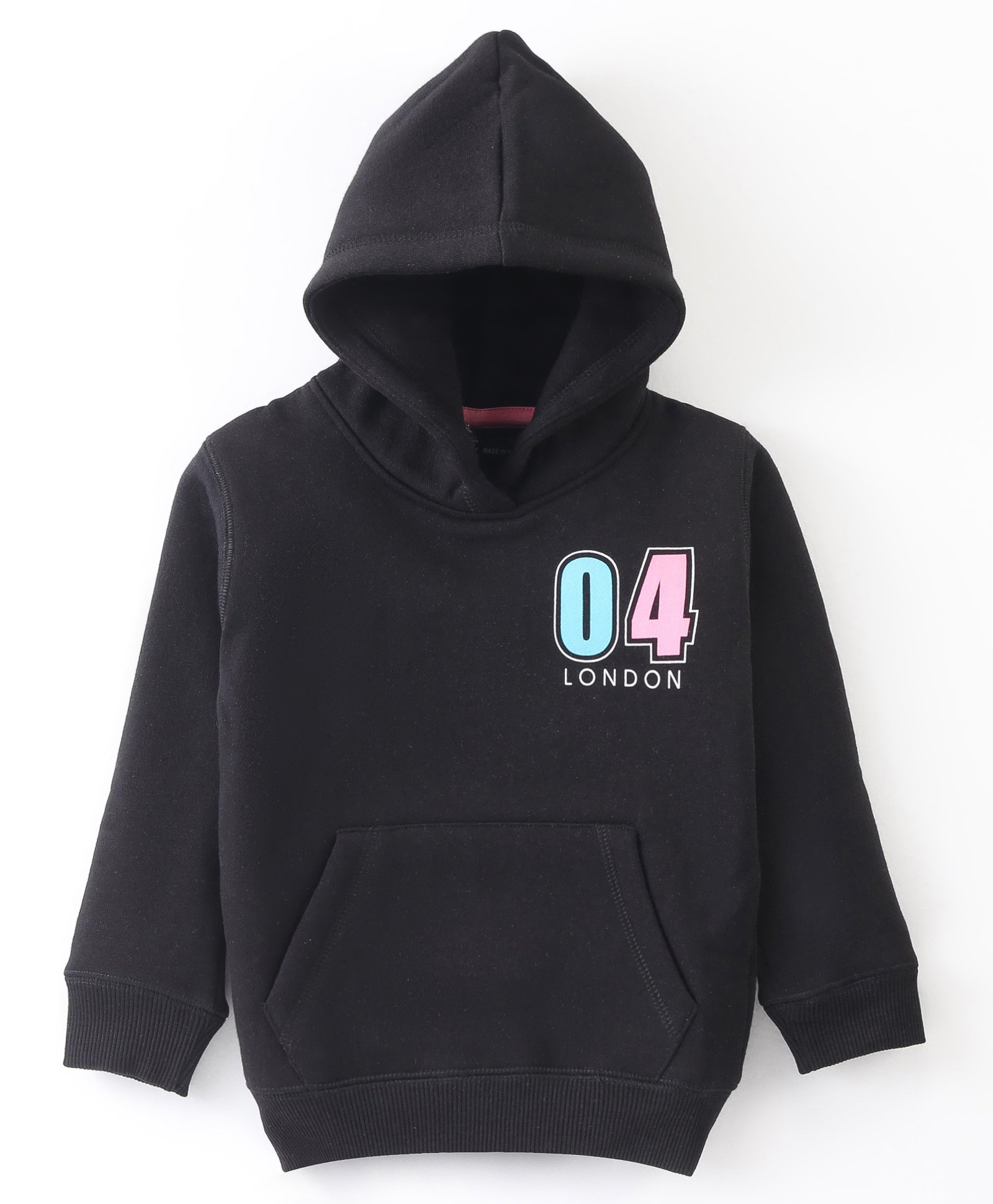 Doreme Fleece Knit Full Sleeves Hooded Sweat Jacket With Text Print & Kangaroo Pockets - Black-image-26