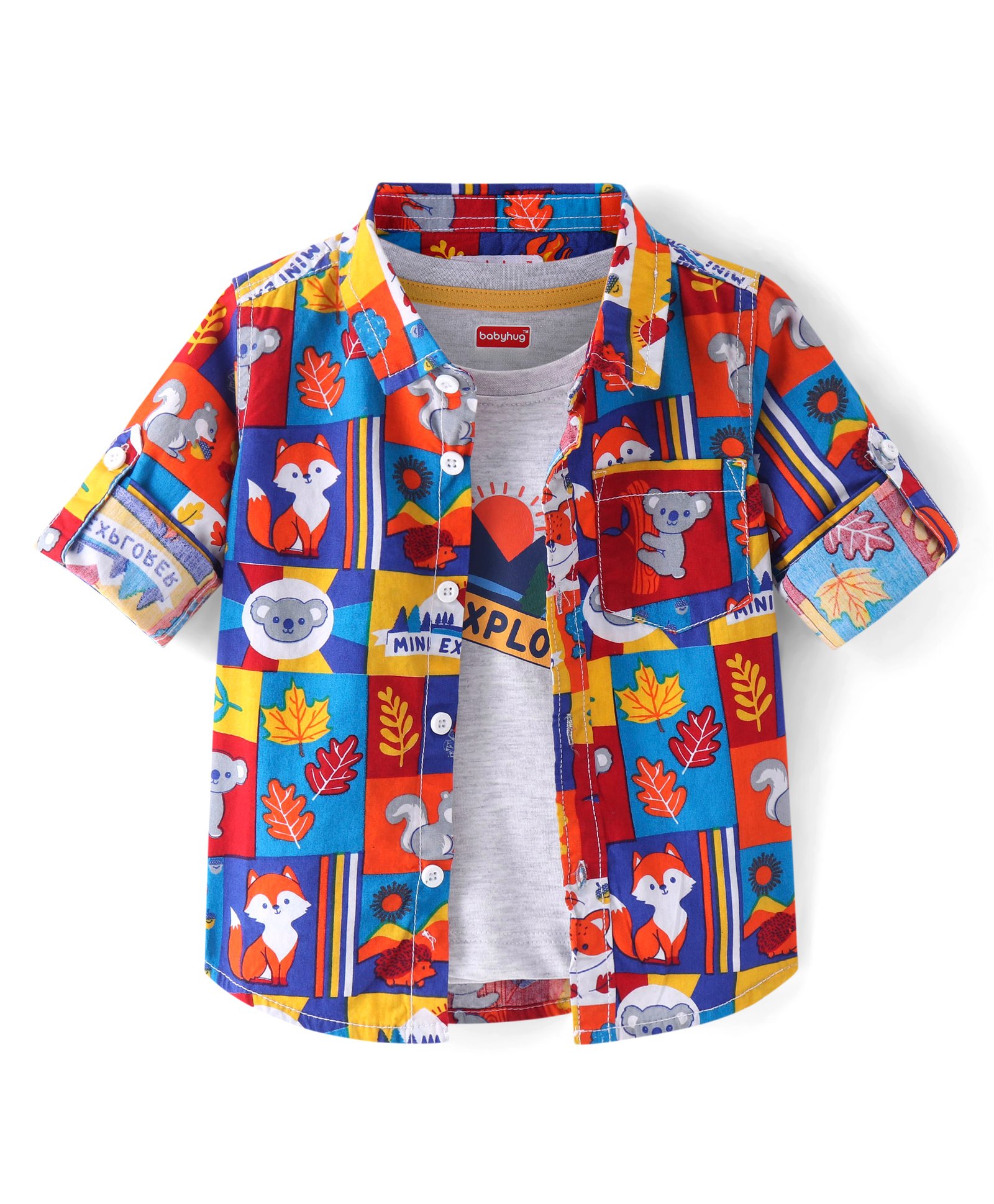 Babyhug Cotton Woven Full Sleeves Animal Printed Shirt with T-shirt - Red & White-picture-11