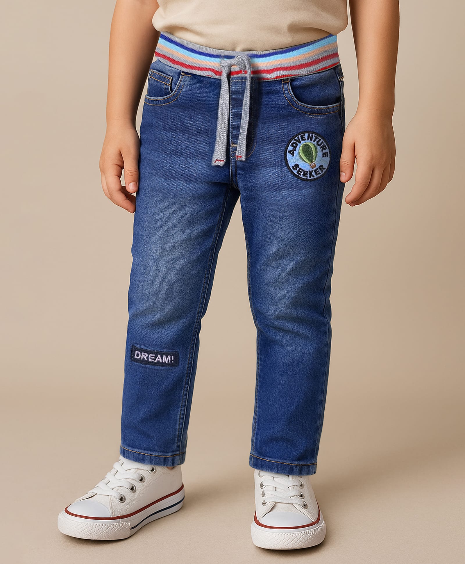 Kookie Kids Cotton Lycra Denim Jeans With Tipping Rib & Badge Detailing - Blue-image-42