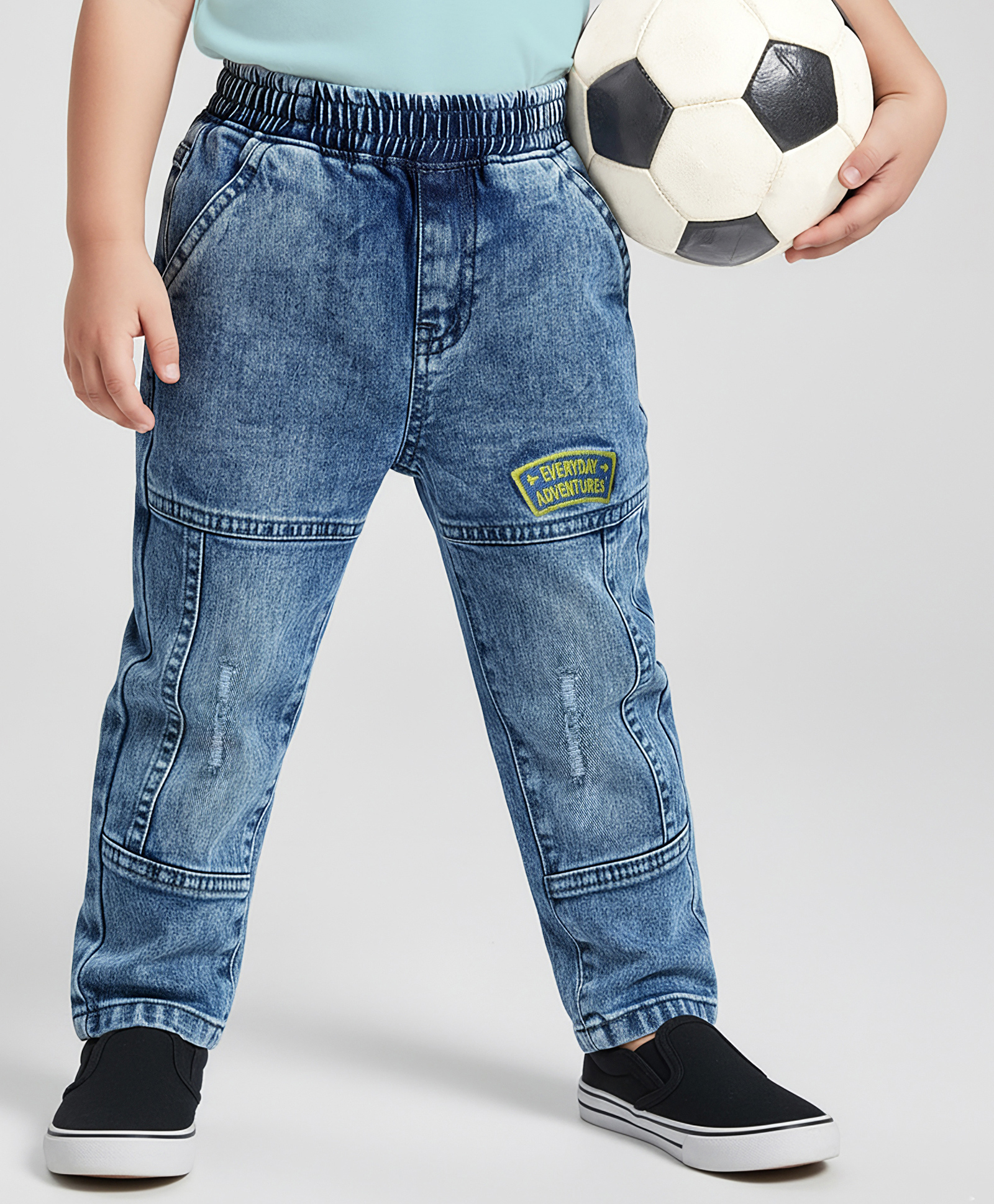 Kookie Kids Full Length Jeans With Text Embroidery - Blue-image-5