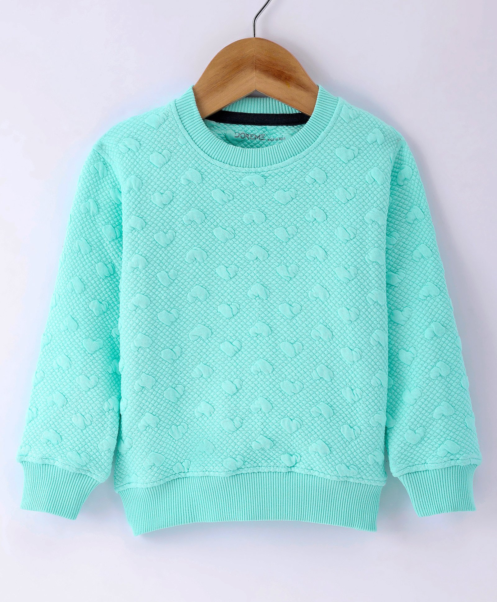 Doreme Cotton Knit Full Sleeves Sweatshirt With Solid Colour & Embossed Heart Design - Green-image-4