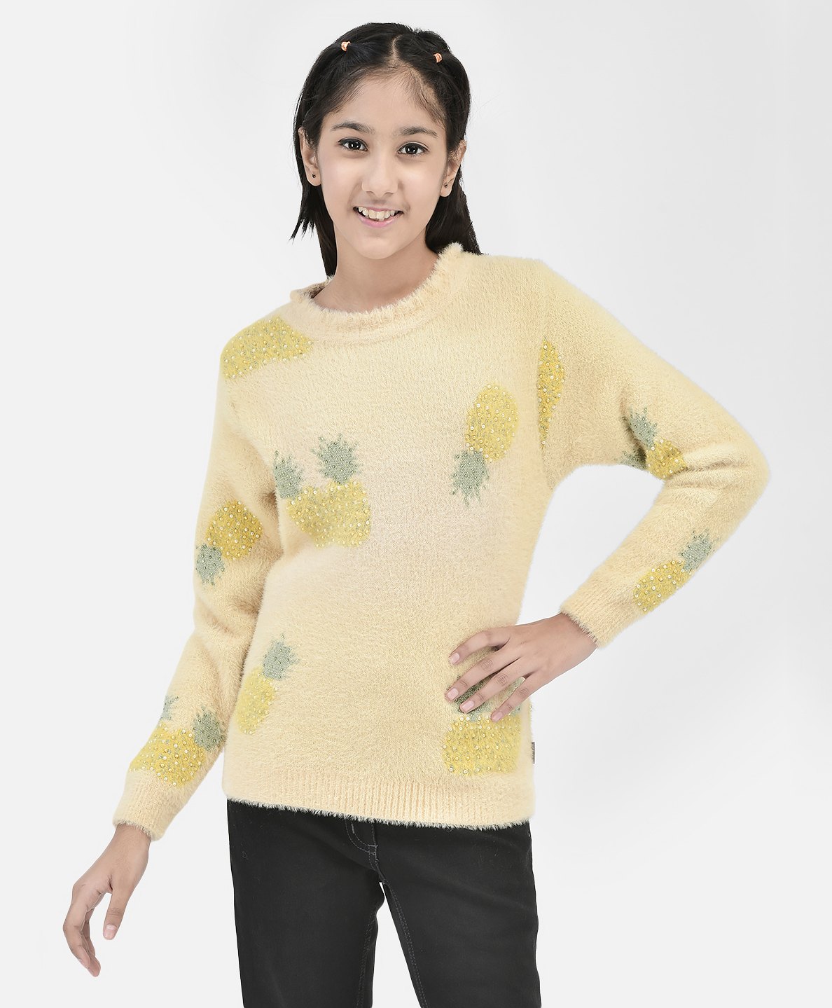 CRIMSOUNE CLUB Full Sleeves Beads Detailed Pineapple Designed Sweater - Beige-image-23
