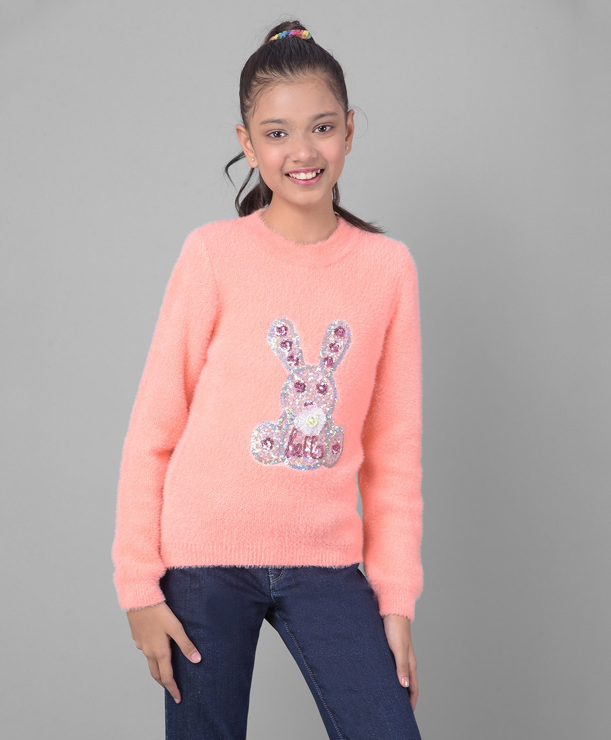 CRIMSOUNE CLUB Full Sleeves Sequins Bunny Patch Detailed Sweater - Peach-image-33
