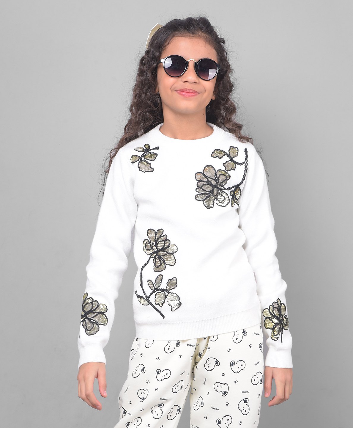 CRIMSOUNE CLUB Full Sleeves Sequins Floral Embroidered Sweater - Off White-picture-14