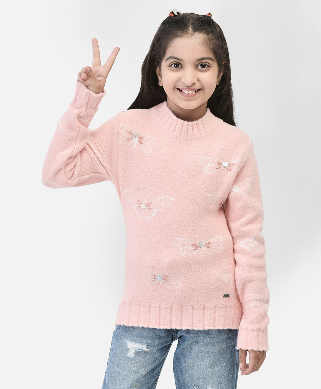 CRIMSOUNE CLUB  Full Sleeves Pearl Embellished  Sweater  -  Peach-image-36