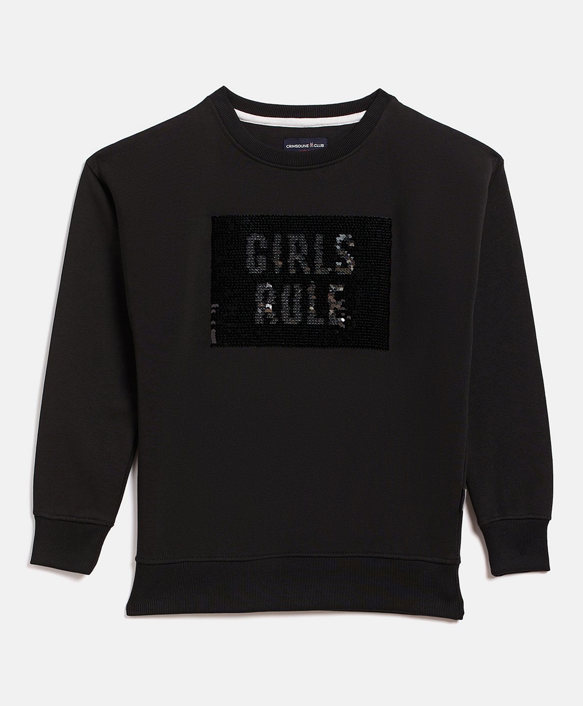 CRIMSOUNE CLUB Cotton Full SleevesSequin Girls Rule Text Embellished Sweatshirt - Black-picture-12