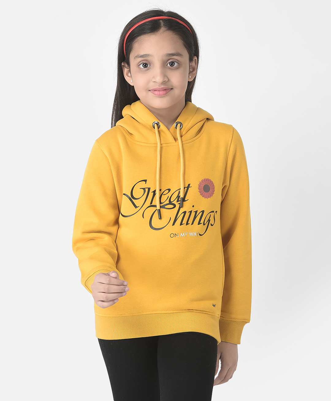 CRIMSOUNE CLUB Cotton Full Sleeves Great Chings On My Way Text Printed Hooded Sweatshirt - Mustard-picture-33