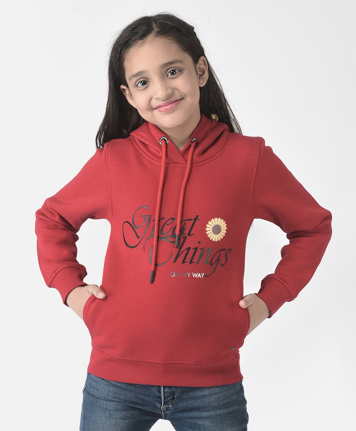 CRIMSOUNE CLUB Cotton Full Sleeves Great Things On My Way Text Printed Hooded Sweatshirt - Red-picture-13
