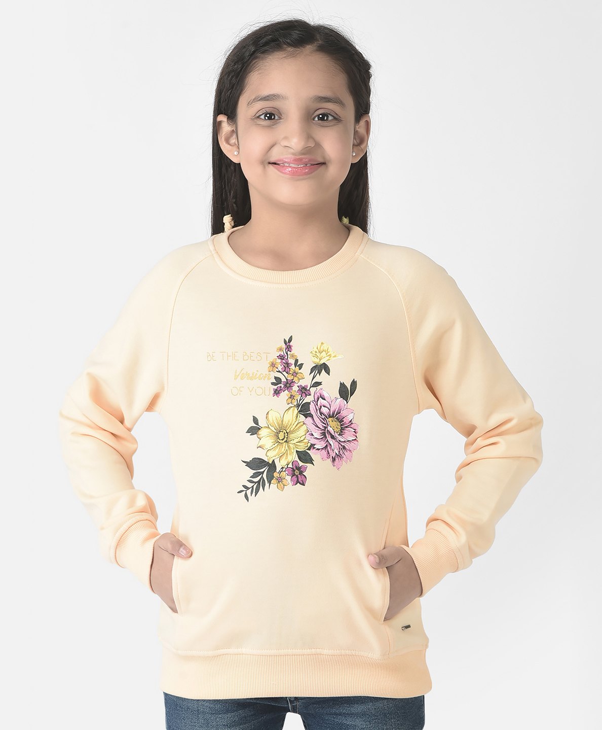 CRIMSOUNE CLUB Full Sleeves Floral & Be The Best Version Of You Text Printed Sweatshirt - Peach-image-41