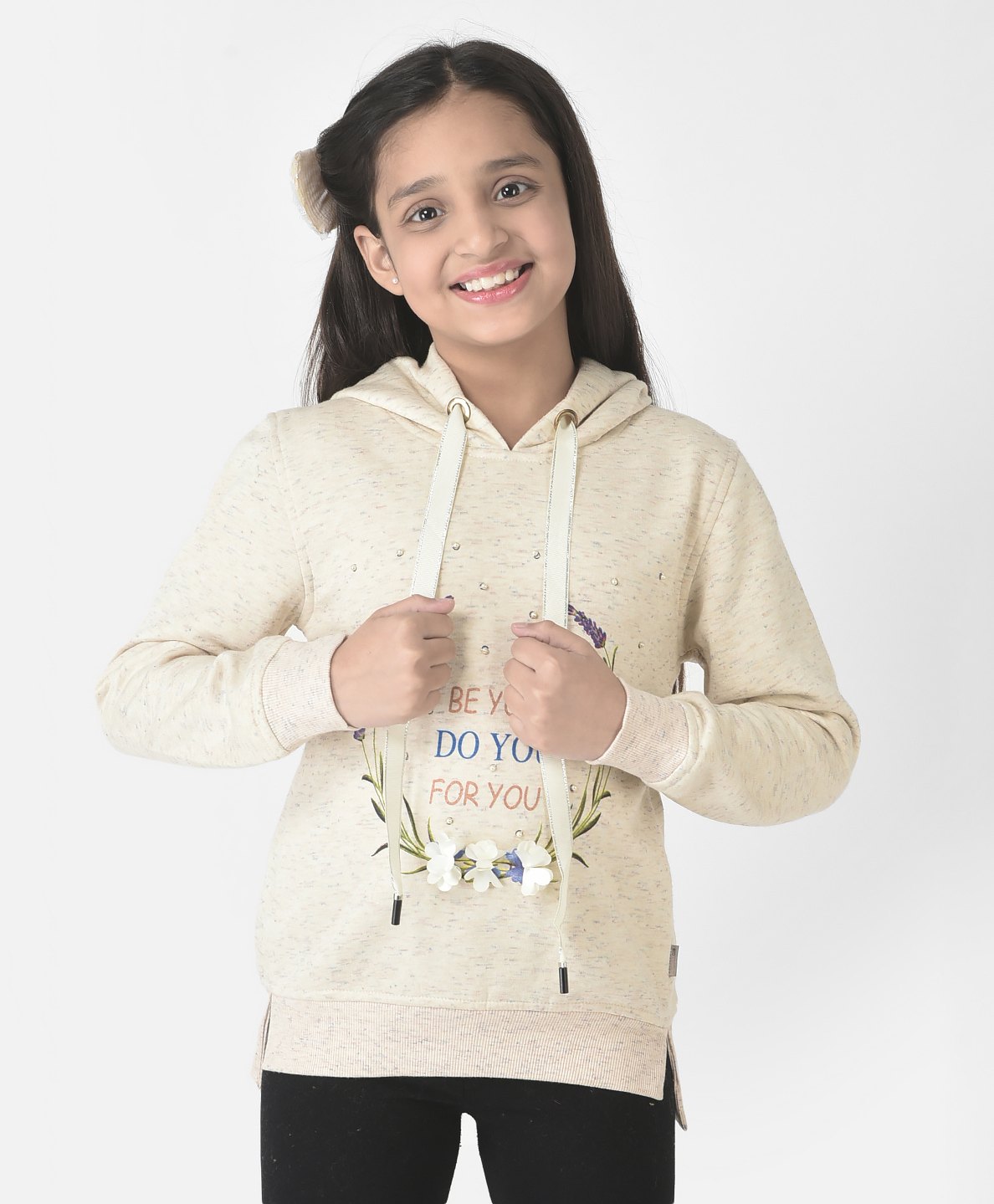 CRIMSOUNE CLUB Cotton Full Sleeves Floral & Be You Do For You Text Printed With Pearl Embellished Sweatshirt - Beige-picture-15