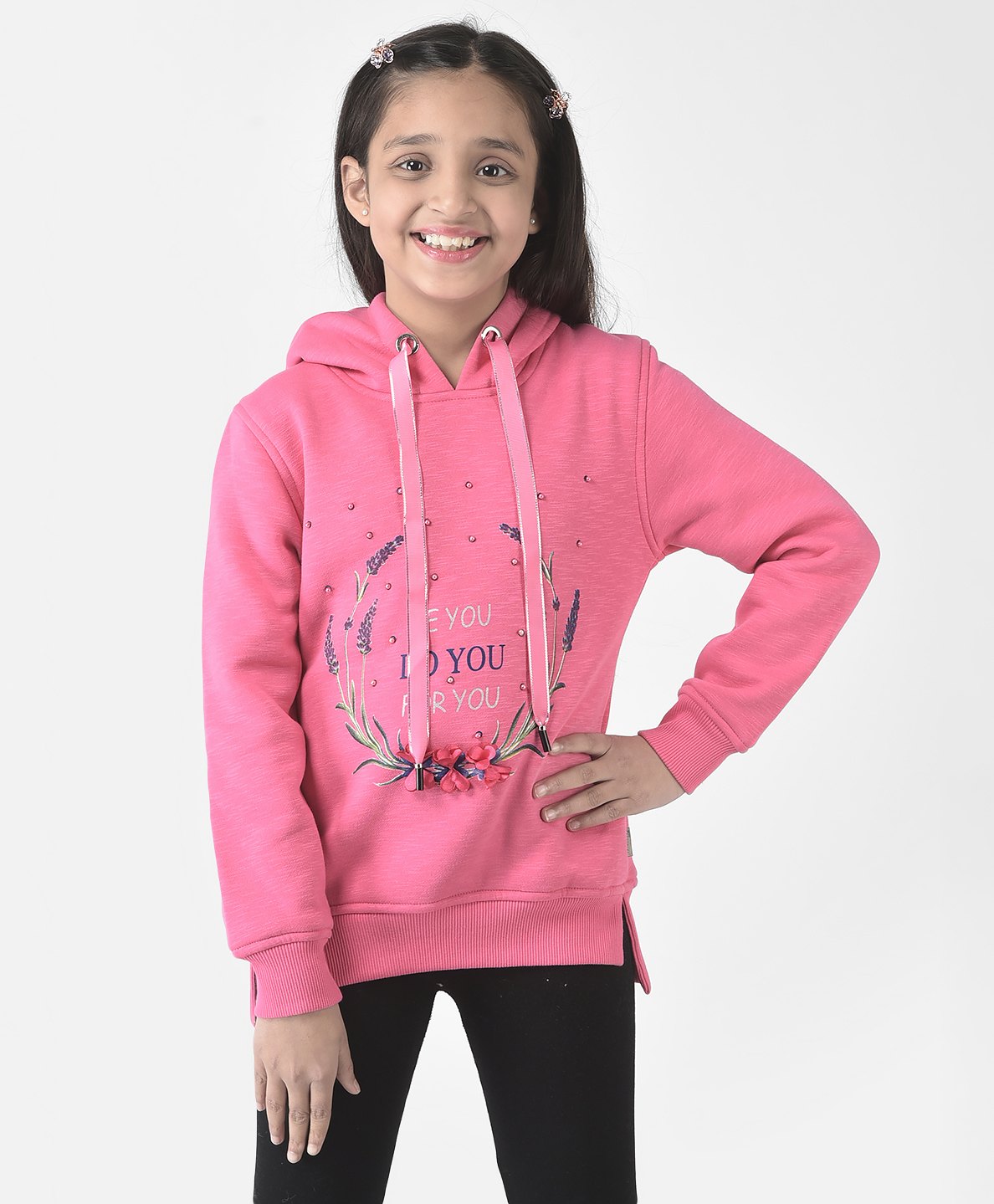 CRIMSOUNE CLUB Cotton Full Sleeves Floral & Be You Do For You Text Printed With Pearl Embellished Sweatshirt - Pink-picture-14