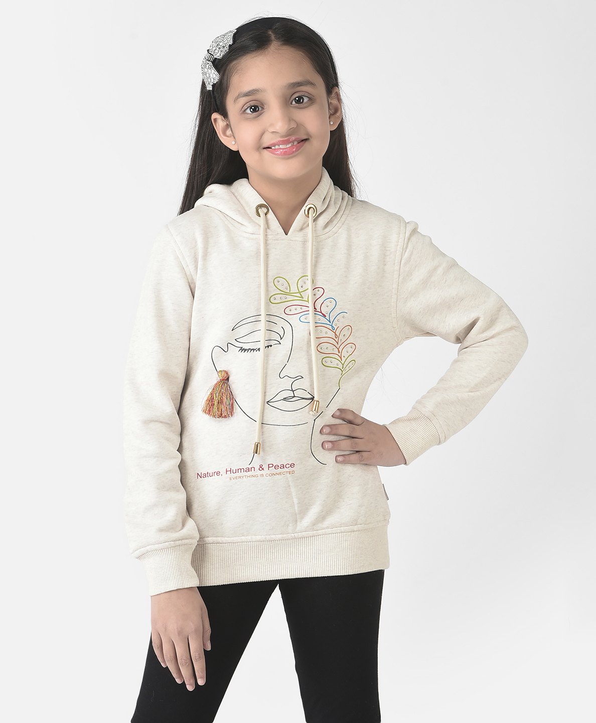 CRIMSOUNE CLUB Cotton Full Sleeves Nature Human & Peace Text Printed Hooded Sweatshirt - Beige-picture-27