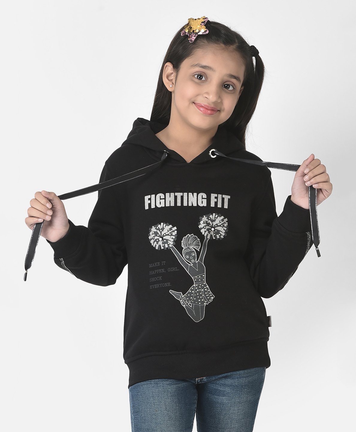 CRIMSOUNE CLUB Cotton Full Sleeves Cheerleader & Fighting Fit Text Printed Hooded Sweatshirt - Black-picture-25
