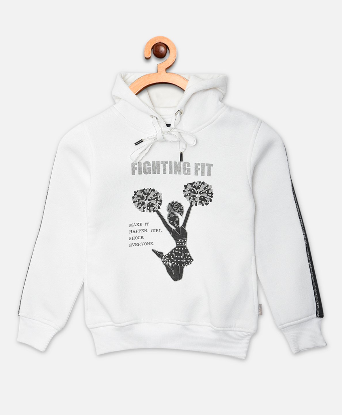 CRIMSOUNE CLUB Cotton Full Sleeves Cheerleader & Fighting Fit Text Printed Hooded Sweatshirt - White-picture-10