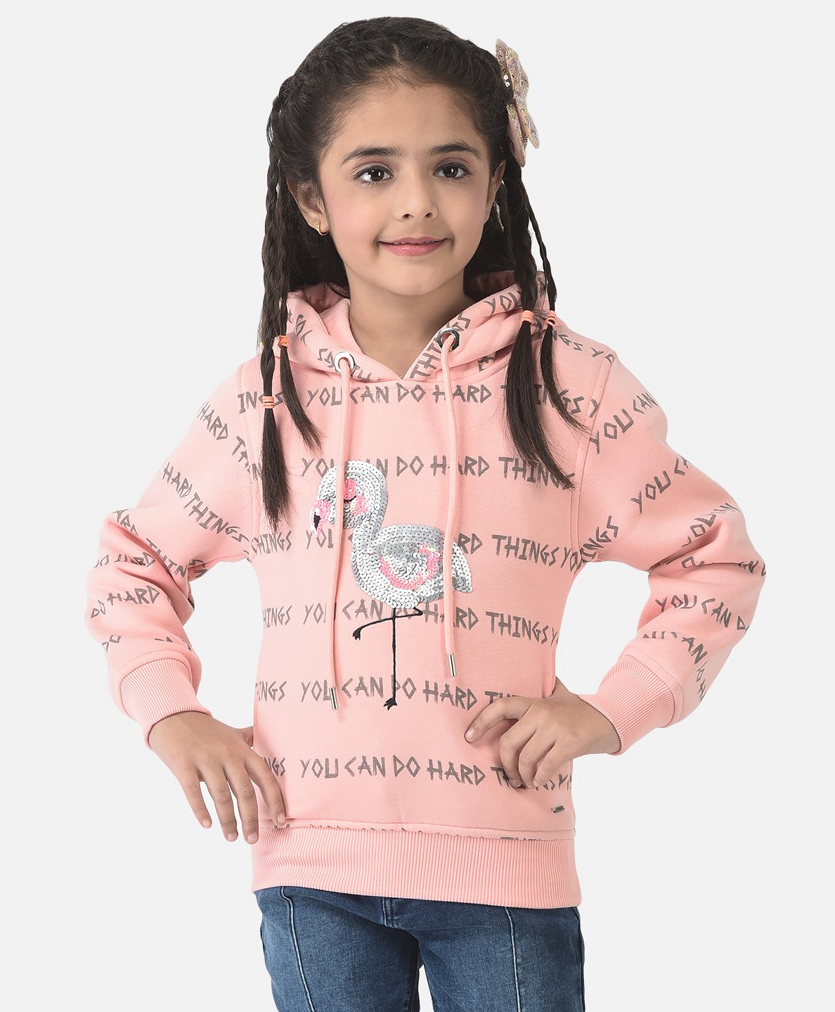 CRIMSOUNE CLUB Cotton Full Sleeves Sequin Embellished Bird & Text Printed Hooded Sweatshirt - Pink-picture-38