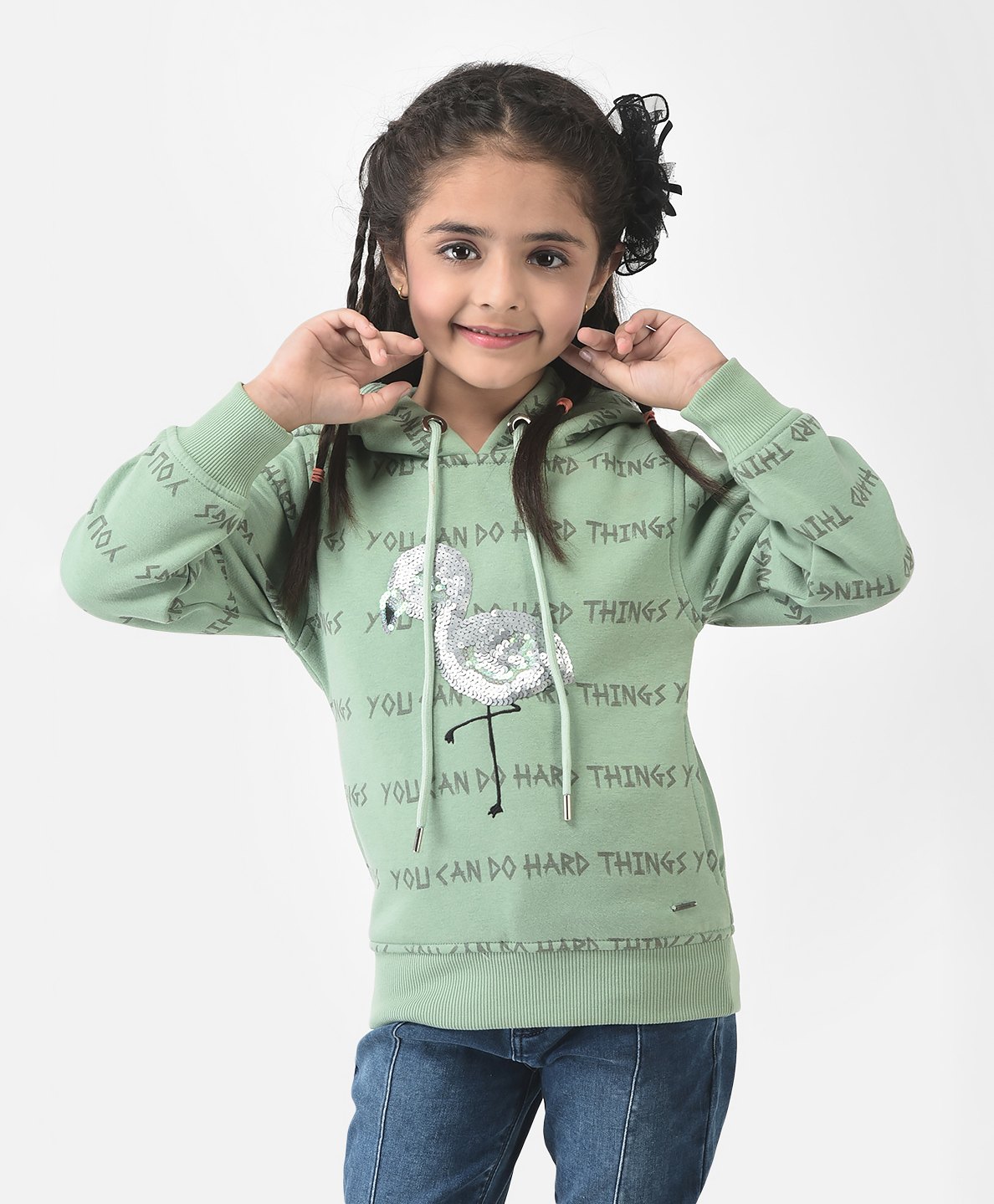 CRIMSOUNE CLUB Cotton Full Sleeves Sequin Embellished Bird & Text Printed Hooded Sweatshirt - Green-picture-28