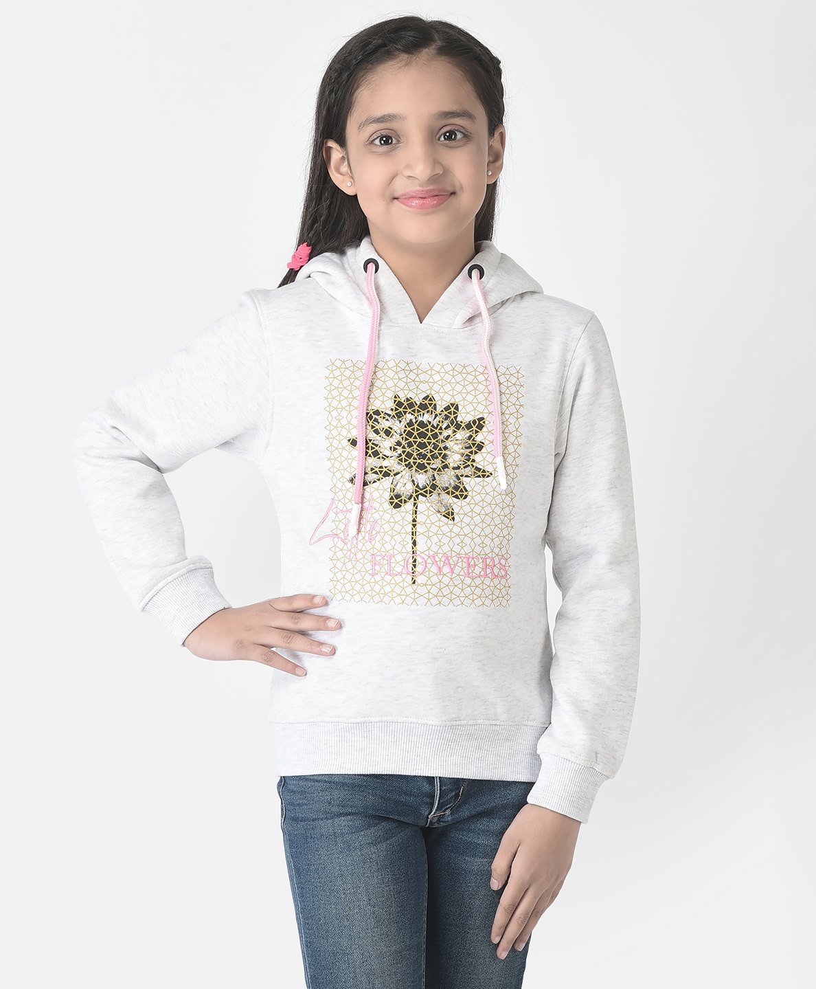 CRIMSOUNE CLUB Full Sleeves Floral Printed & Little Flowers Text Embroidered Hooded Sweatshirt - Grey-picture-28
