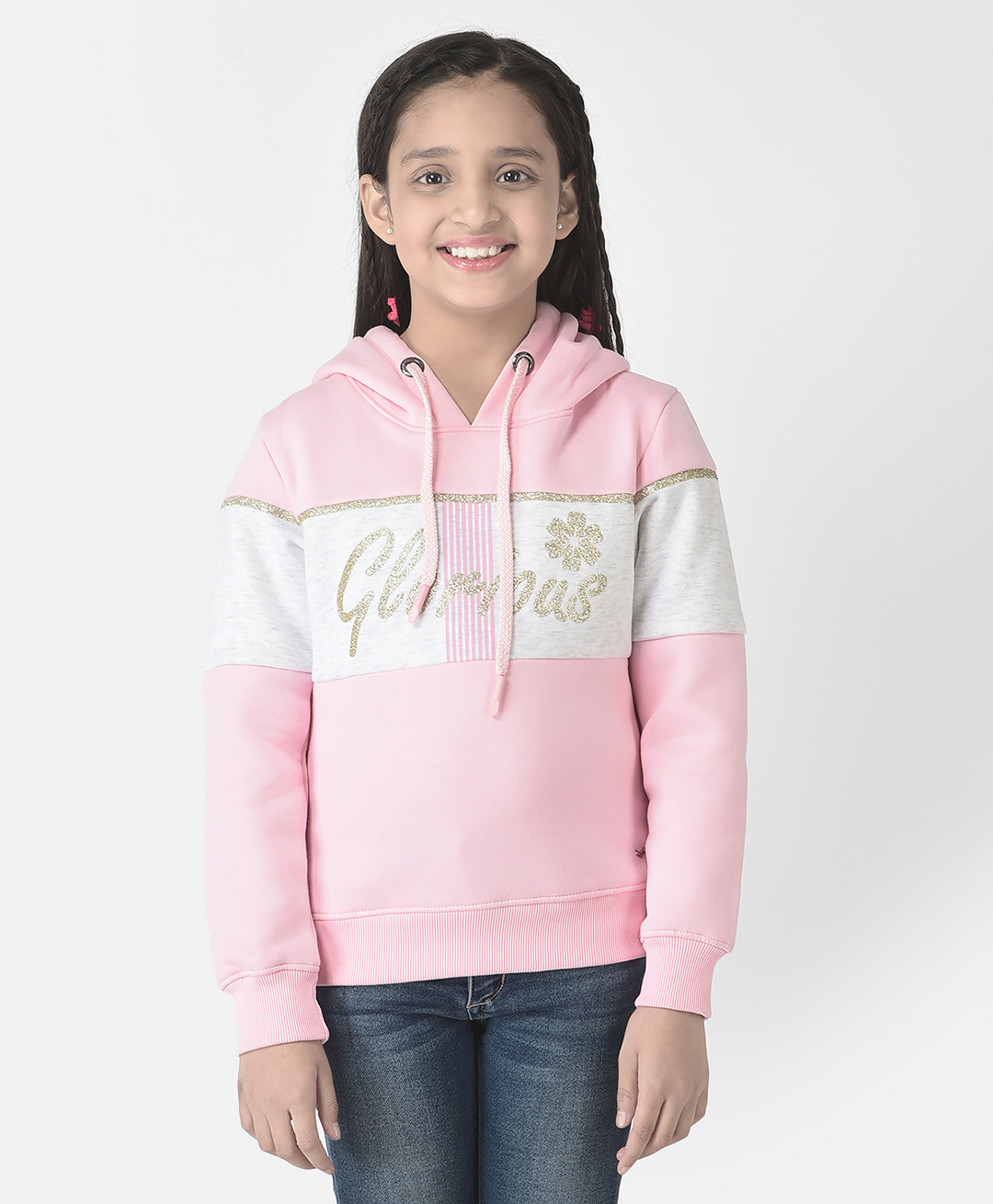 CRIMSOUNE CLUB Cotton Full Sleeves Glitter Glorious Text Printed Hooded Sweatshirt - Pink-picture-17