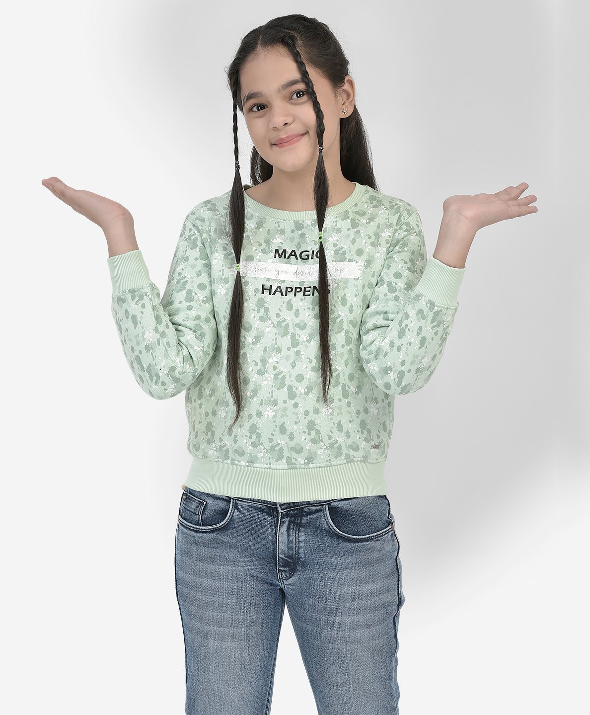 CRIMSOUNE CLUB Cotton Full Sleeves  Colour Splash Effect & Magic Happens Text Printed Sweatshirt - Green-image-47