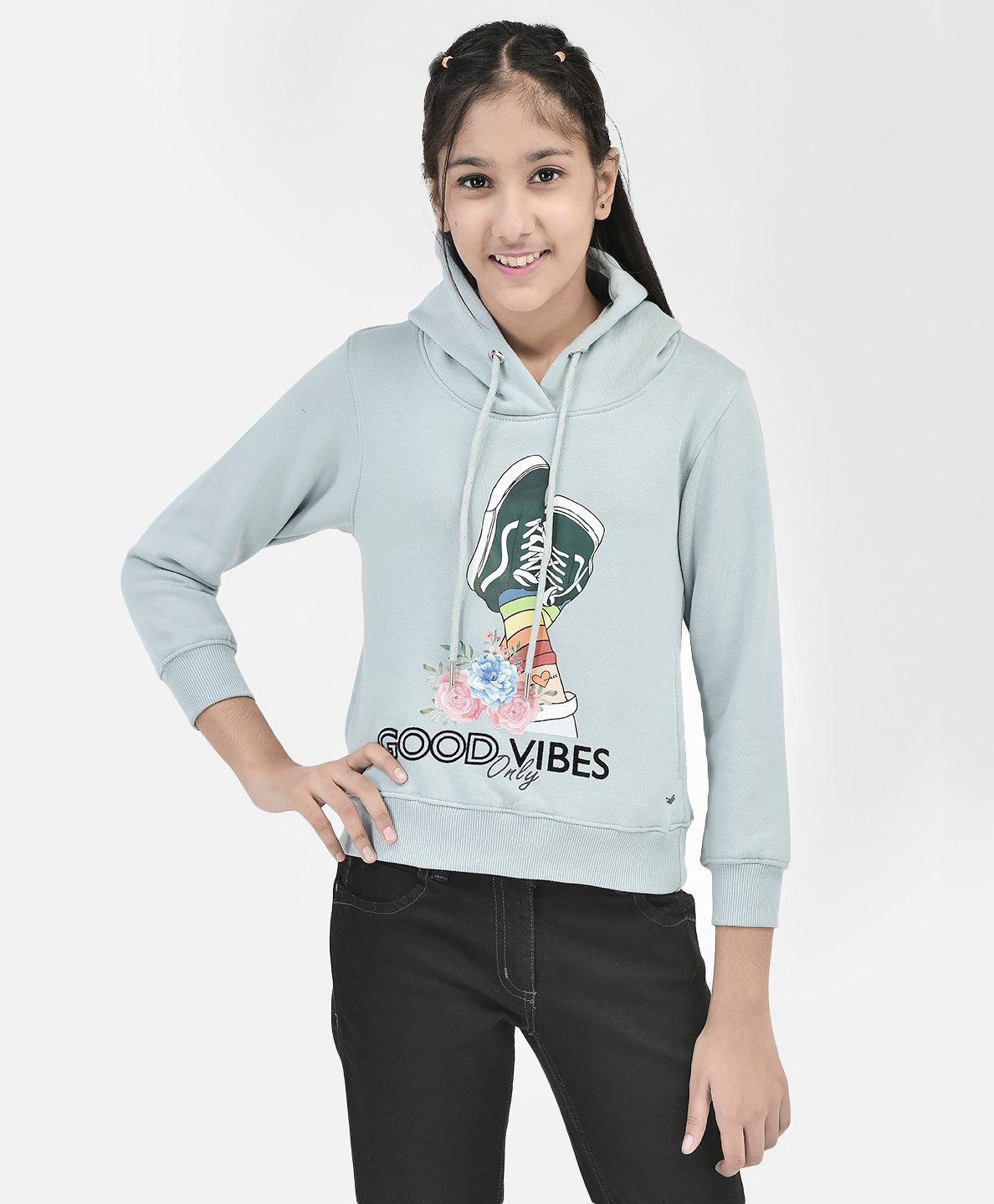 CRIMSOUNE CLUB Cotton Full Sleeves Shoes & Good Vibes Only Text Printed Sweatshirt - Blue-image-40