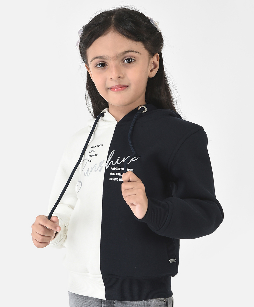 CRIMSOUNE CLUB Cotton Full Sleeves Colour Blocked Glitter Sunshine Text Printed Hooded Sweatshirt - Multi Colour-picture-26