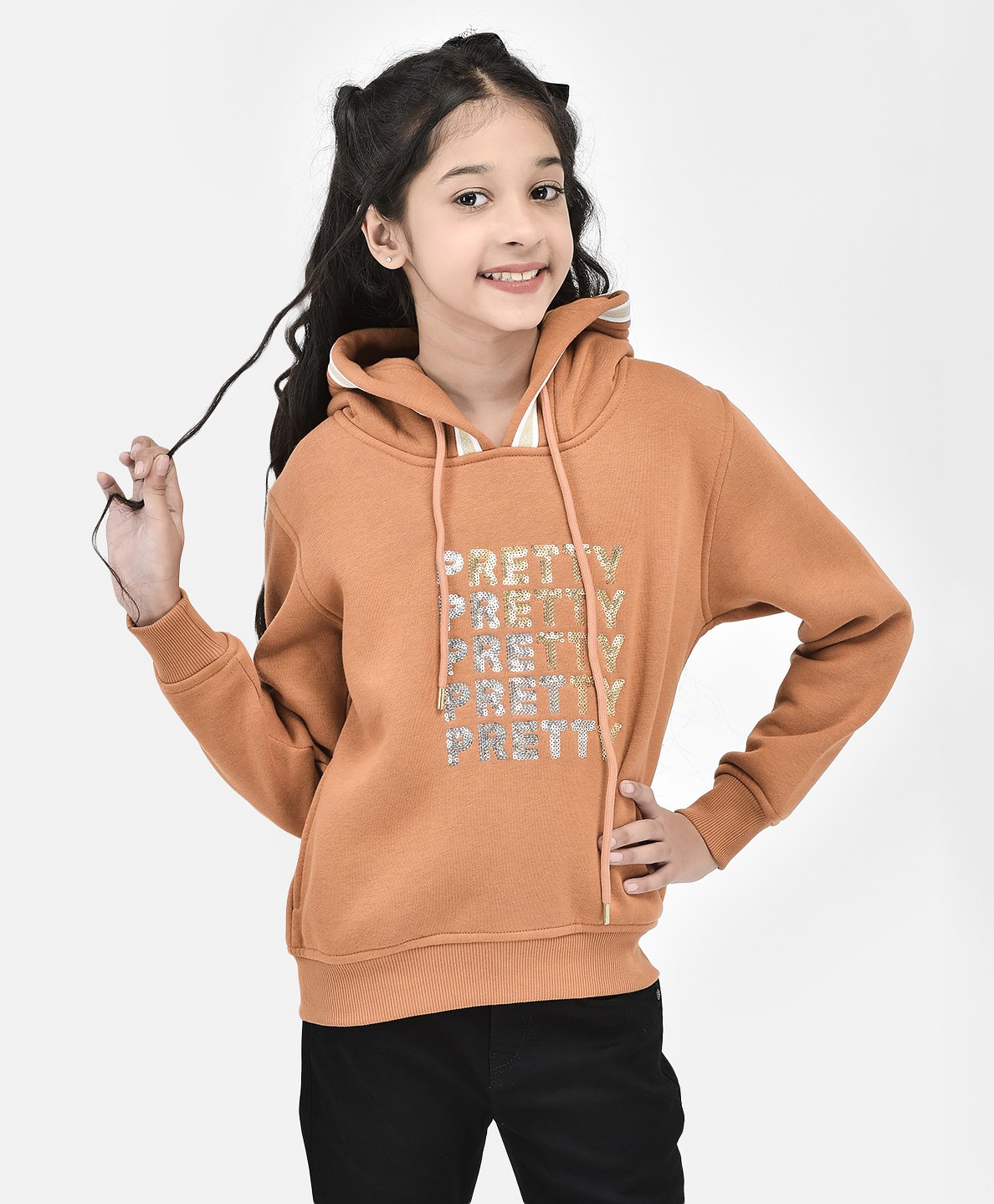 CRIMSOUNE CLUB Cotton Full Sleeves Pretty Text Sequin Embellished Sweatshirt - Brown-picture-20