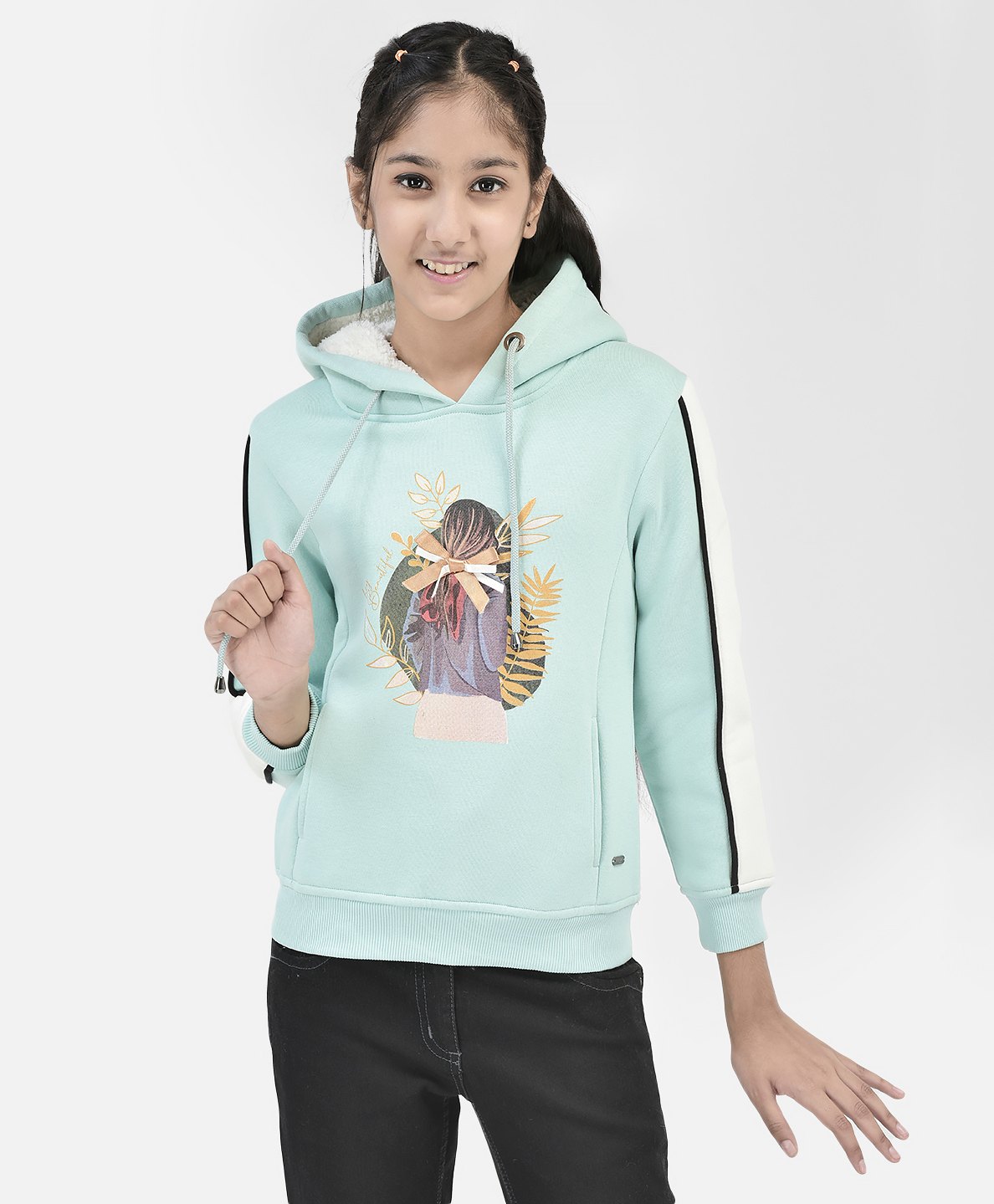 CRIMSOUNE CLUB Cotton Full Sleeves Leaves & Bow Embellished Sweatshirt - Green-picture-37