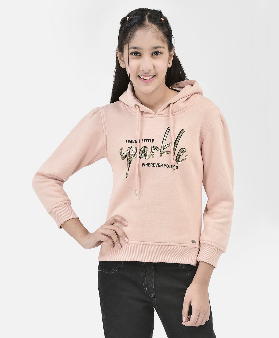 CRIMSOUNE CLUB Cotton Full Sleeves Leave A Little Sparkle Wherever You Go Text Sequin Embellished Sweatshirt - Peach-picture-32