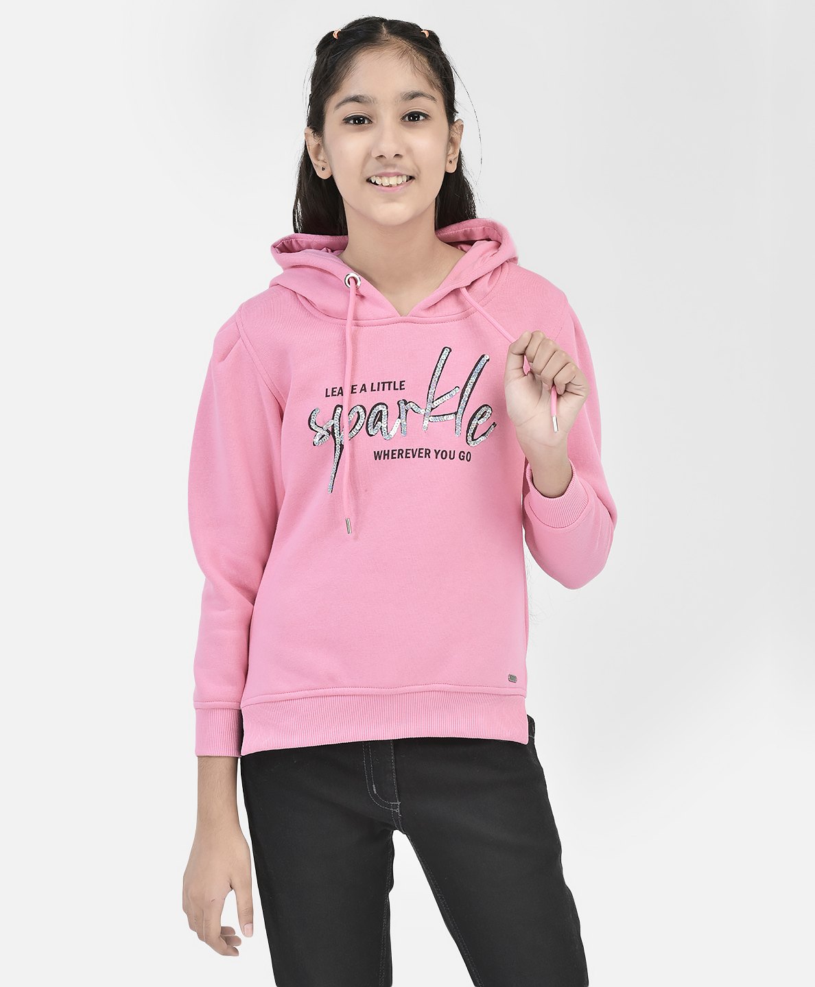 CRIMSOUNE CLUB Cotton Full Sleeves Leave A Little Sparkle Wherever You Go Text Sequin Embellished Sweatshirt - Pink-image-4