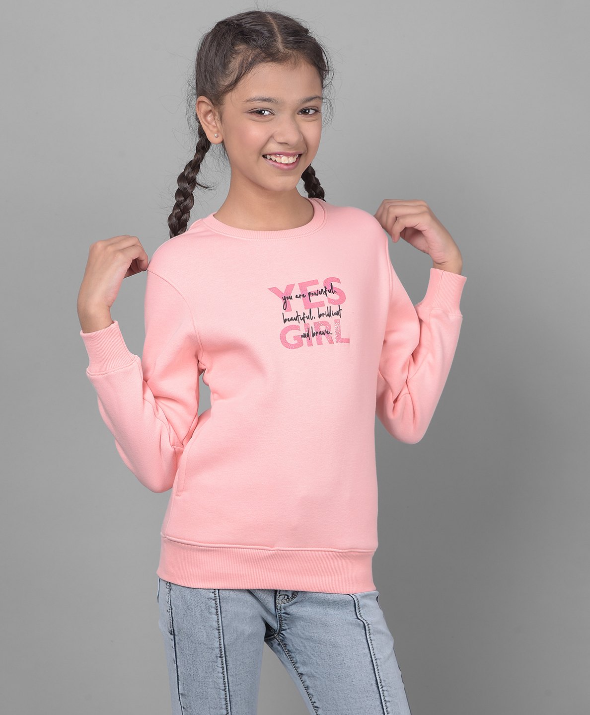 CRIMSOUNE CLUB Cotton Full Sleeves Yes Girl Text Printed Sweatshirt - Pink-picture-26