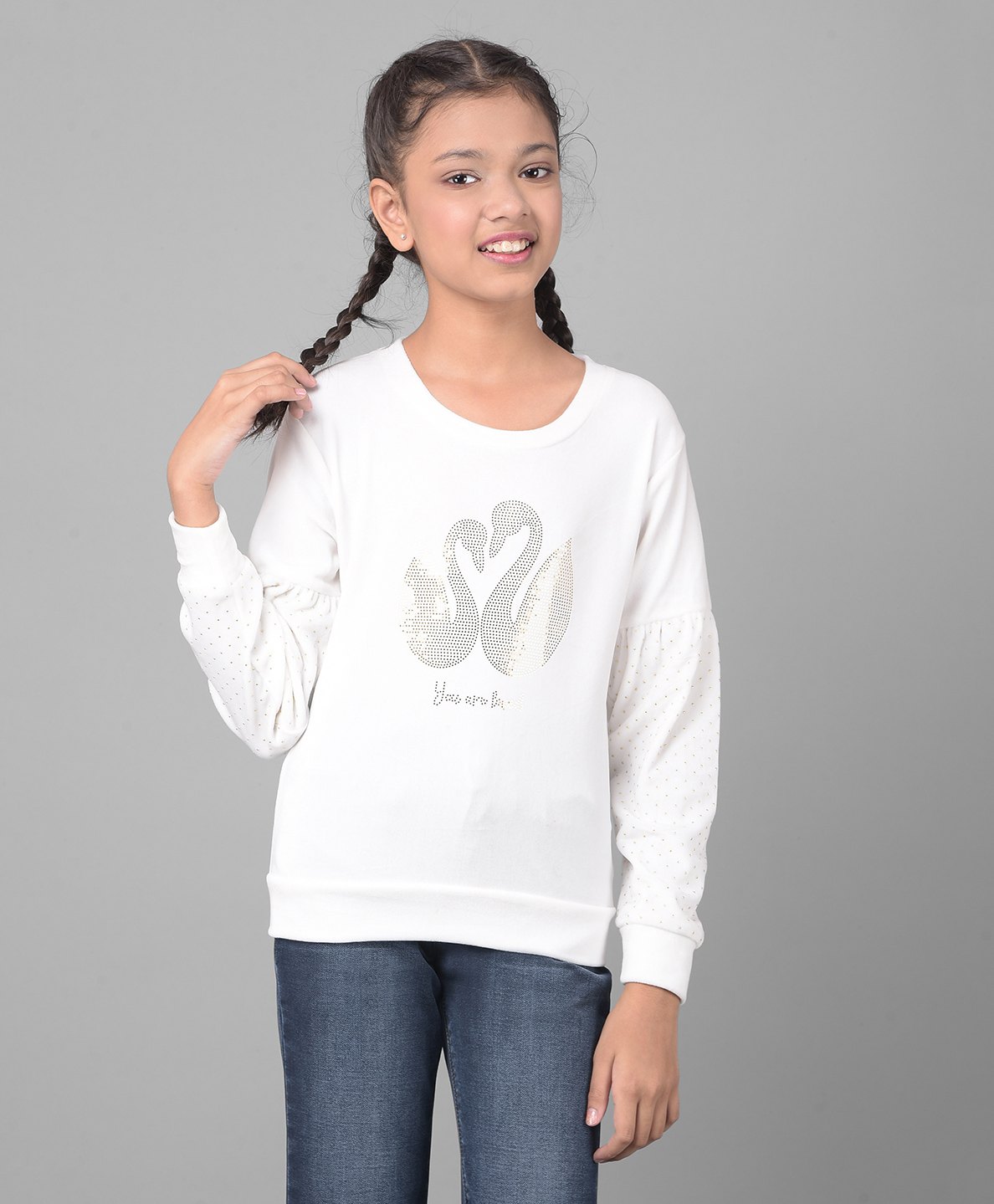 CRIMSOUNE CLUB Full Sleeves Swans Stone Detailed Sweatshirt - White-picture-15