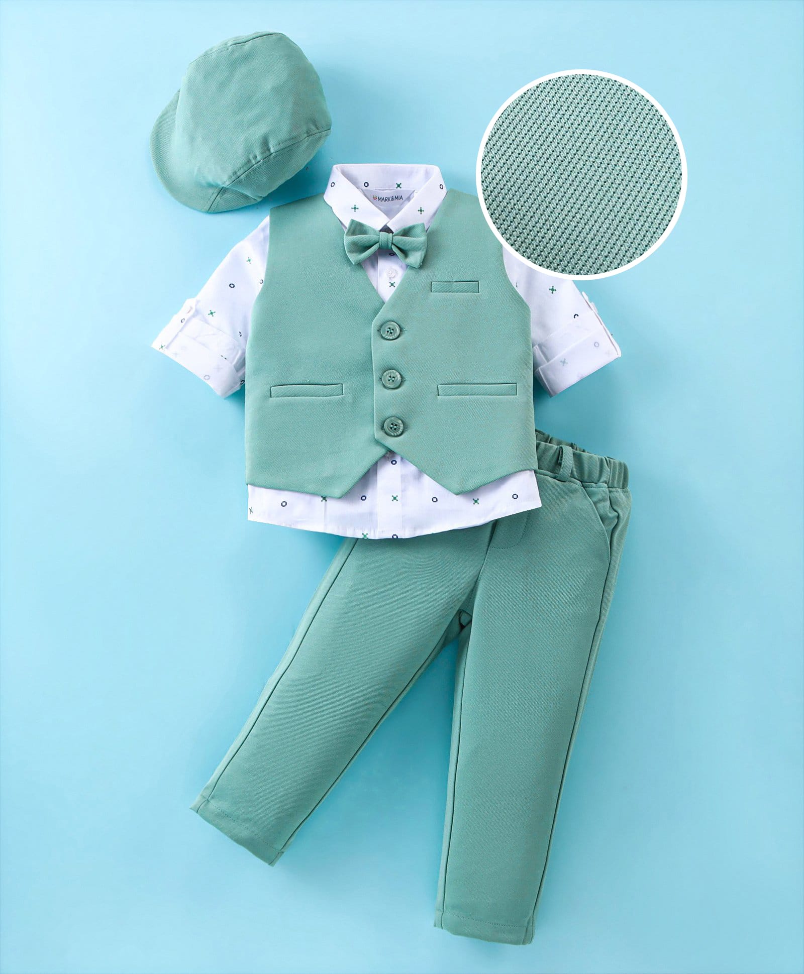 Mark & Mia Full Sleeves Printed 3 Piece Party Suit with Bow & Hat - Mint-picture-13