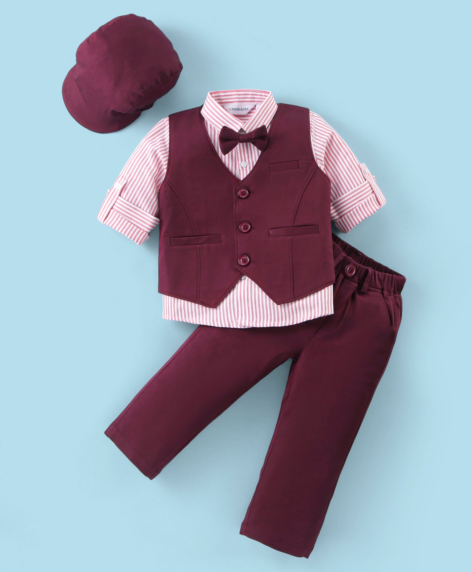 Mark & Mia Full Sleeves Striped 3 Piece Party Suit with Hat & Bow - Wine-picture-28