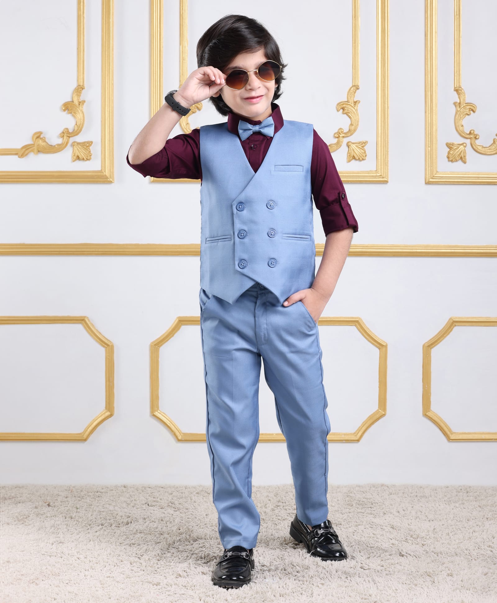 Mark & Mia Full Sleeves 3 Piece Party Suit with Bow - Blue & Maroon-image-21