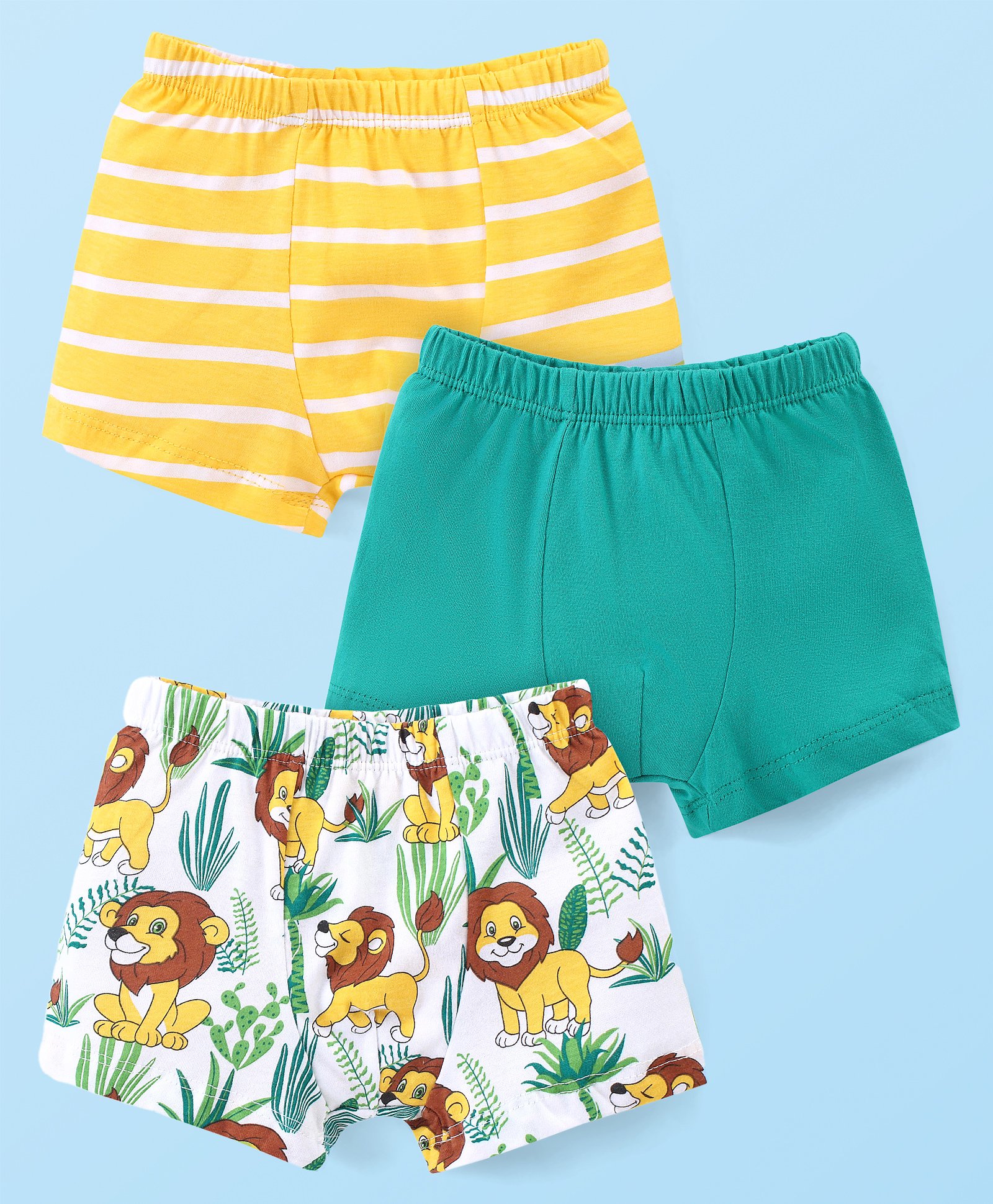 Babyhug Single Jersey Cotton Knit Trunks With Stripes & Lion Print Pack Of 3 - Green White & Yellow-picture-17