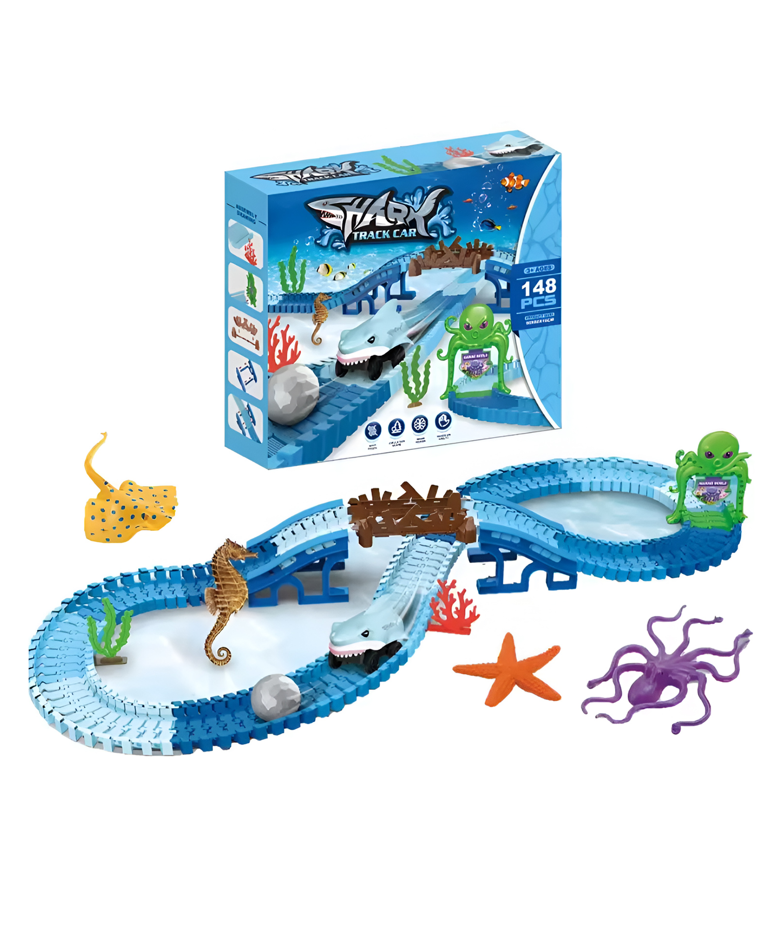 NEGOCIO Shark Race Car Toys for kids, Bendable Flexible Racetrack Cars with Shark & Ball, Ocean Theme Train Toys, STEM Educational Playset Birthday Gift(148pcs)- COLOR MAY VARY-image-30