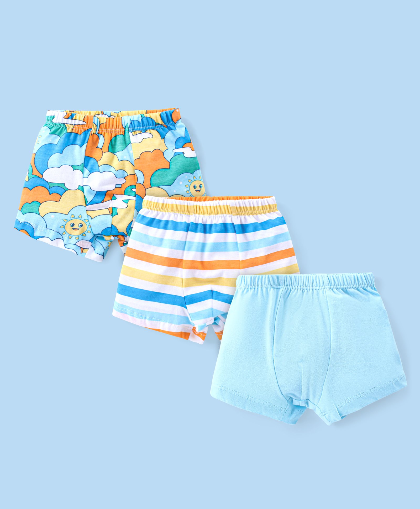 Babyhug 100% Cotton Trunks Solid Striped & Clouds Print Pack of 3 - Blue-image-47