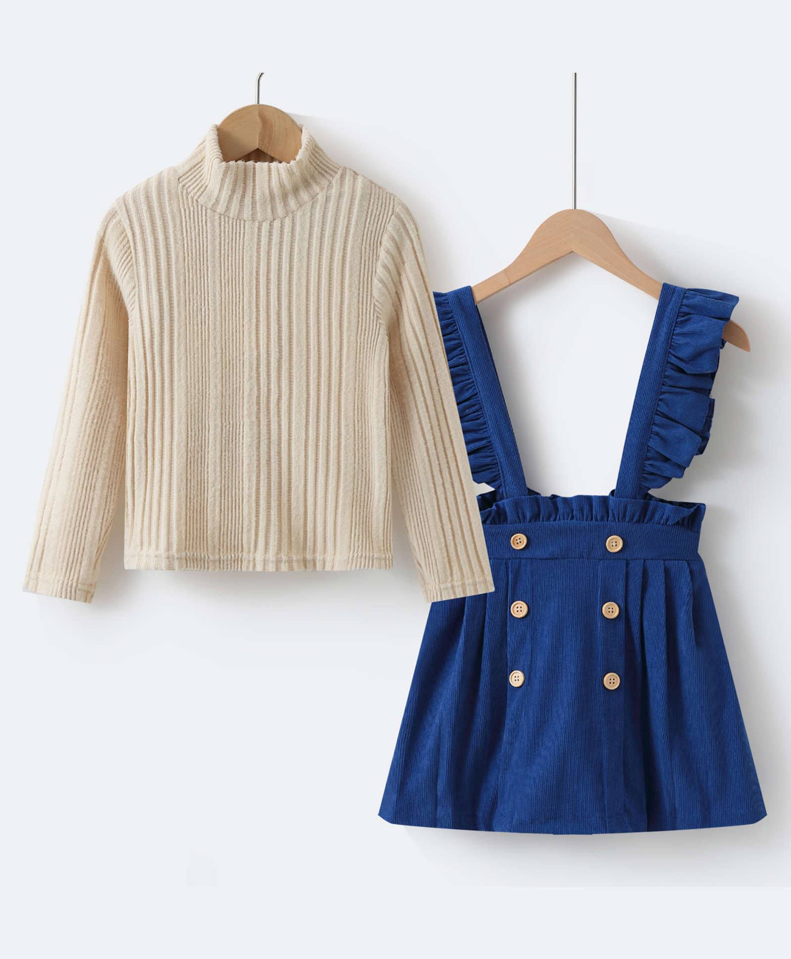 Kookie Kids Full Sleeves Solid Colour High Neck Top & Skirt Set with Button Detailing - Navy Blue-picture-11