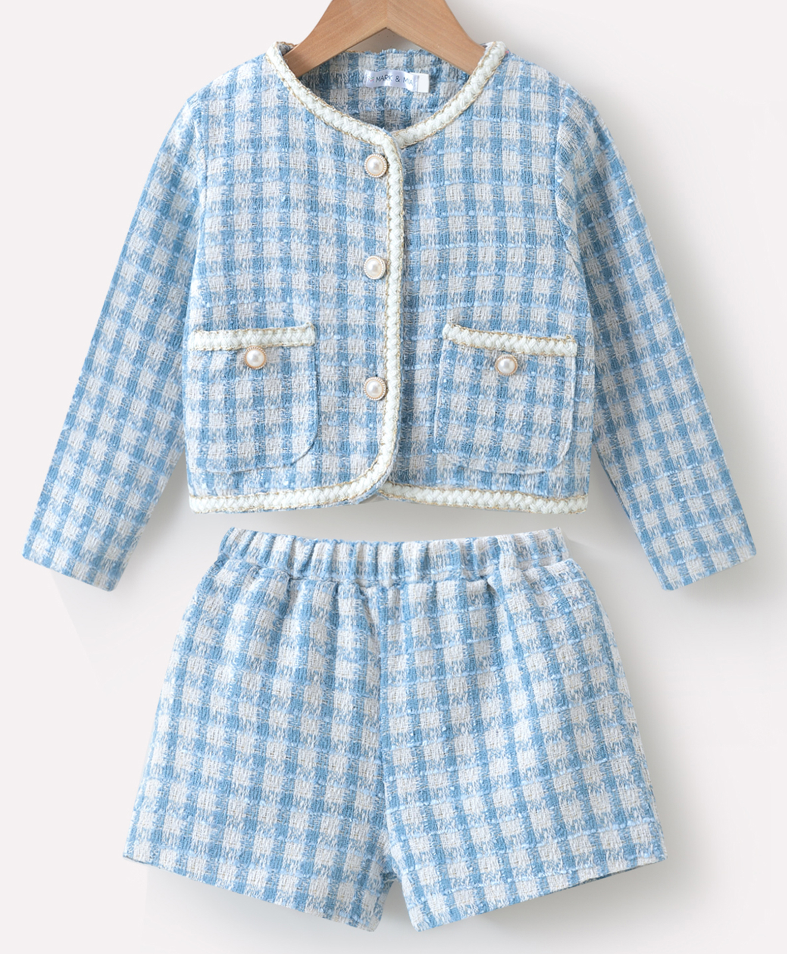 Mark & Mia Full Sleeves Checkered Top & Shorts  Set with Button Detailing - Light Blue-image-16