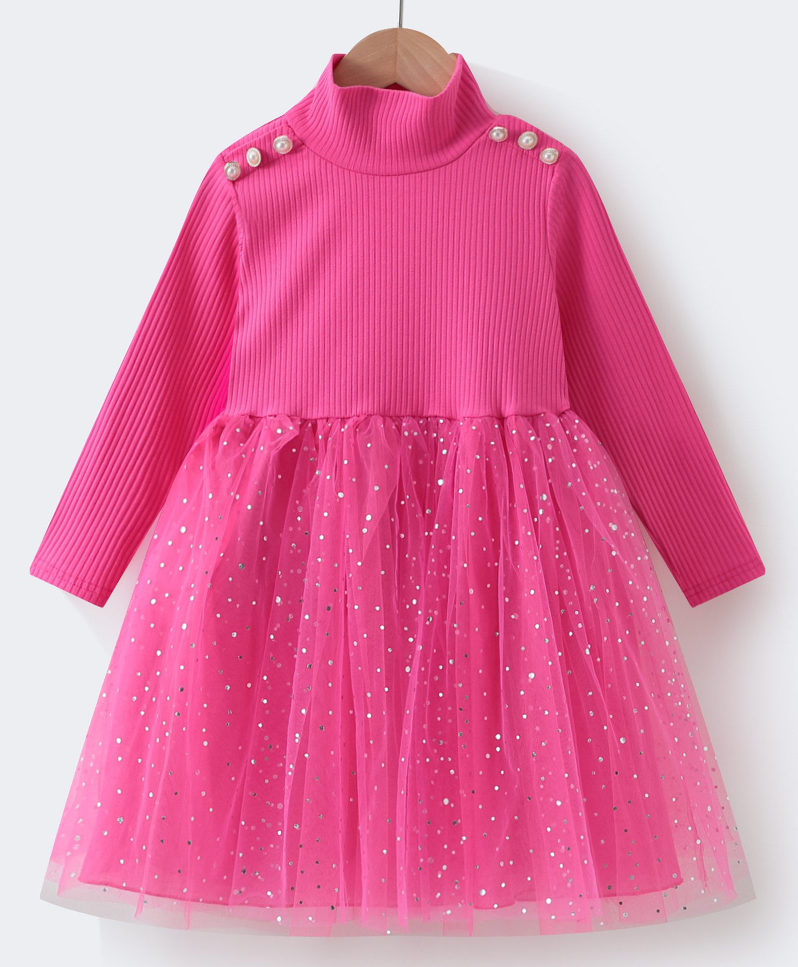 Kookie Kids Full Sleeves Glitter Printed Frock with Pearl Detailing - Dark Pink-picture-26
