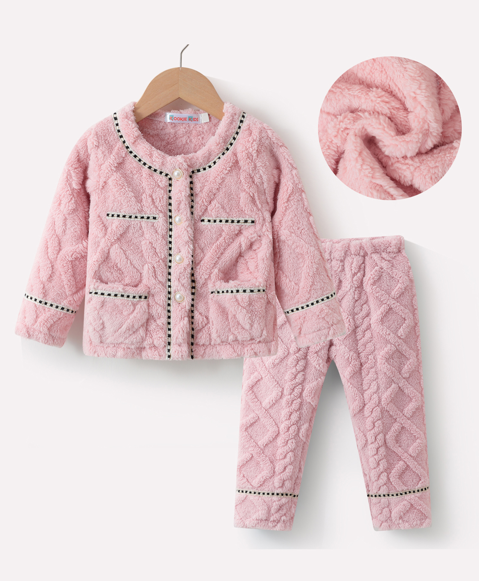 Kookie Kids Full Sleeves Front Open Solid Color Winter Night Suit - Pink-image-40
