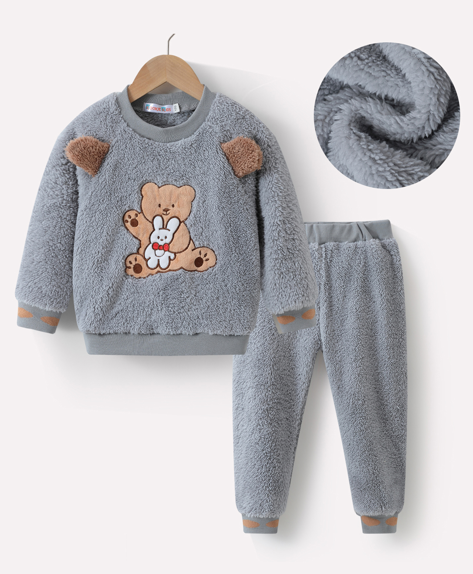 Kookie Kids Full Sleeves Winter Wear Suit With Teddy Applique - Grey-image-27