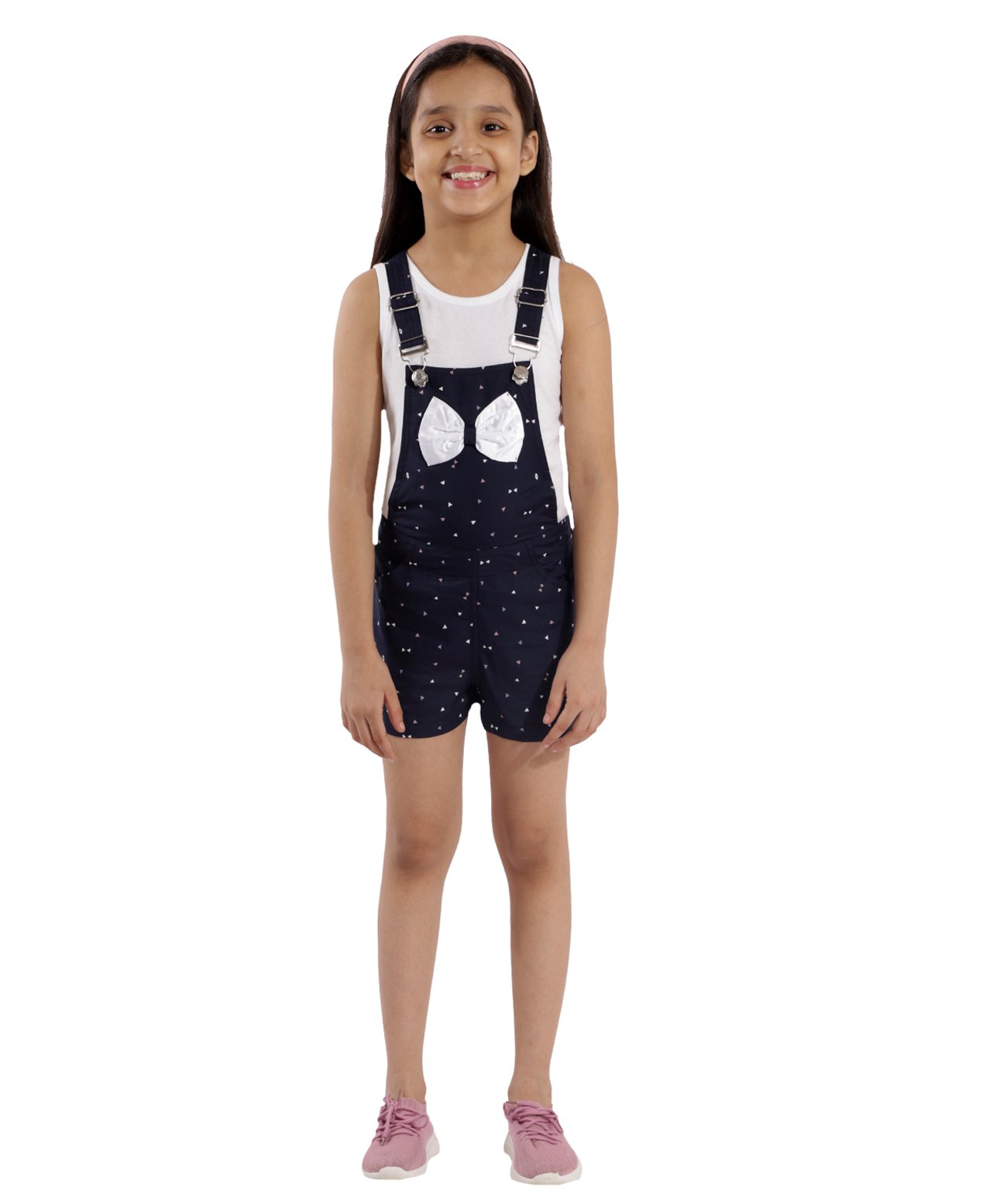 Kids Cave Sleeveless Abstract Printed & Bow Applique Detailed Dungaree With Solid Tee - Blue-image-21