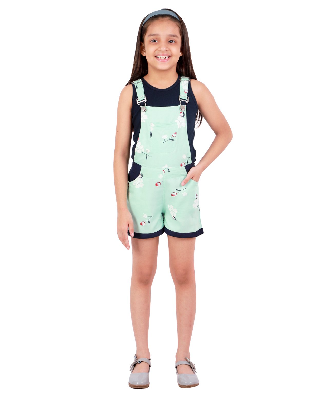 Kids Cave Sleeveless Floral Printed Dungaree With Solid Tee - Light Green-picture-19