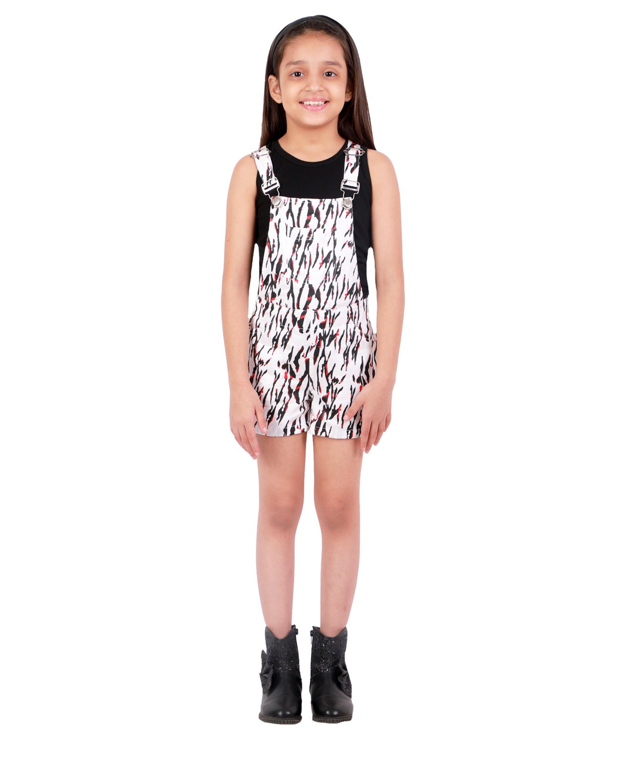 Kids Cave Sleeveless Abstract Printed Dungaree With Solid Tee - White-picture-30