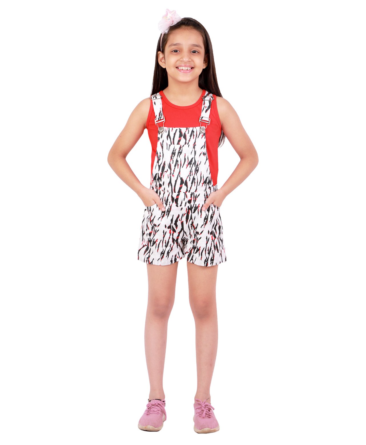 Kids Cave Sleeveless Abstract Printed Dungaree With Solid Tee - White-picture-11