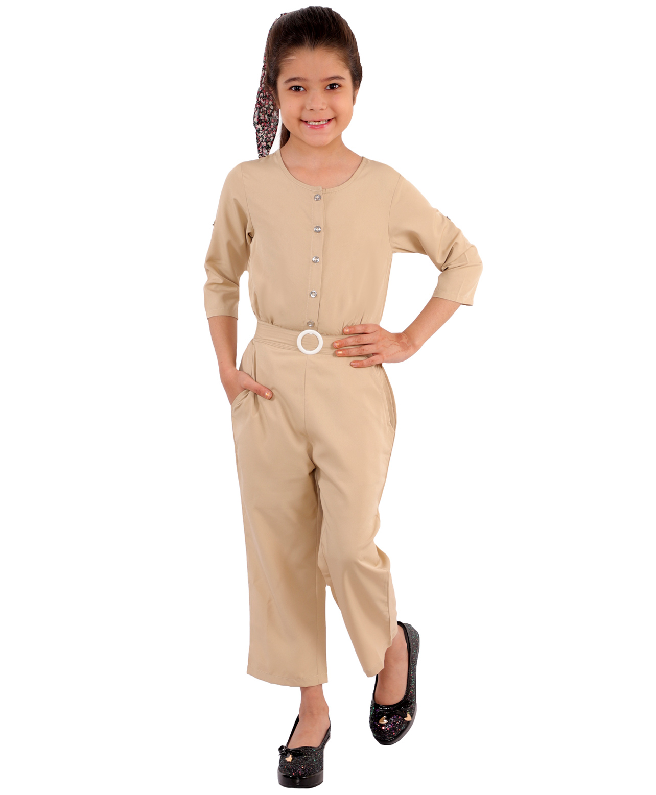 Kids Cave Three Fourth Sleeves Solid Jumpsuit - Beige-picture-17